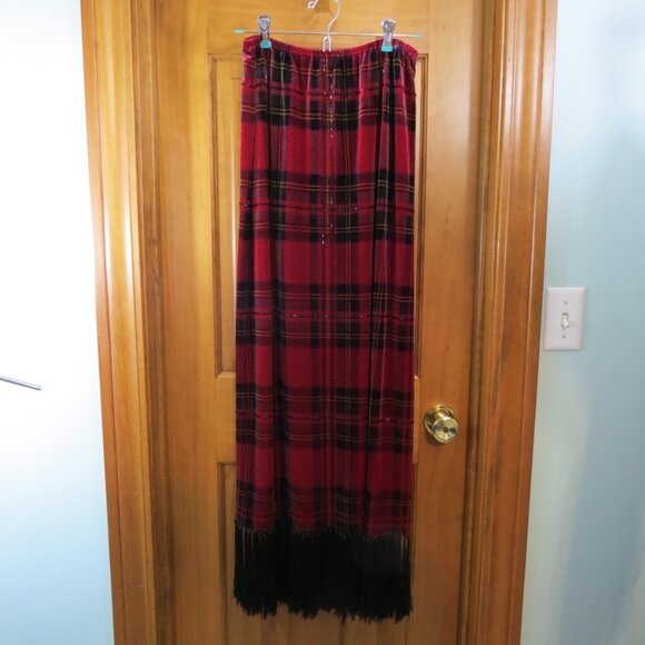 Ronnie Nicole Red & Black Plaid Skirt Midi Velvet Beading Fringe Size Medium - Picture 7 of 9